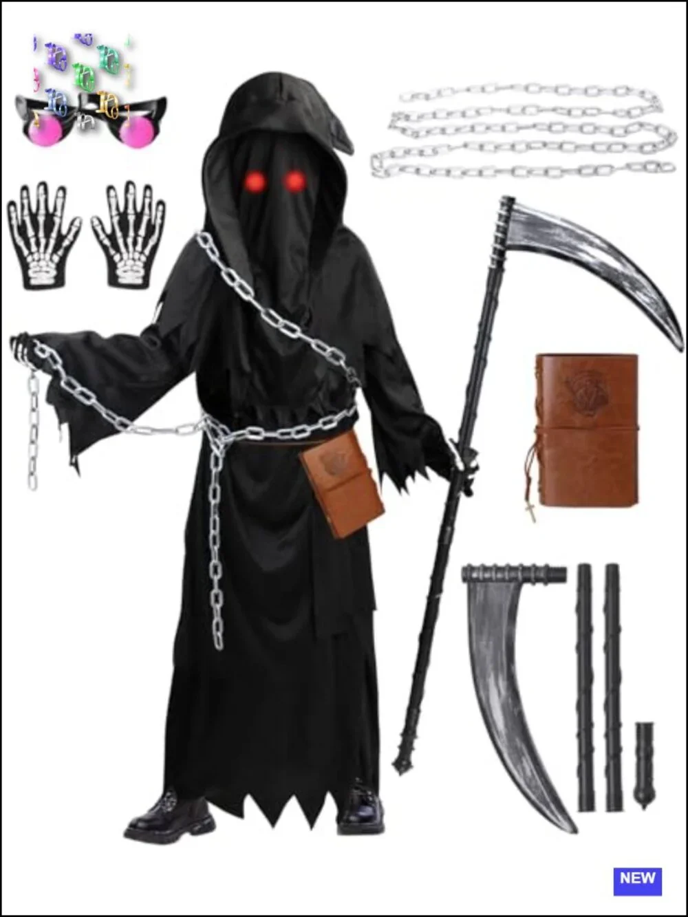 Kids Grim Reaper Costume 7 Pieces Halloween Scary Cosplay Set